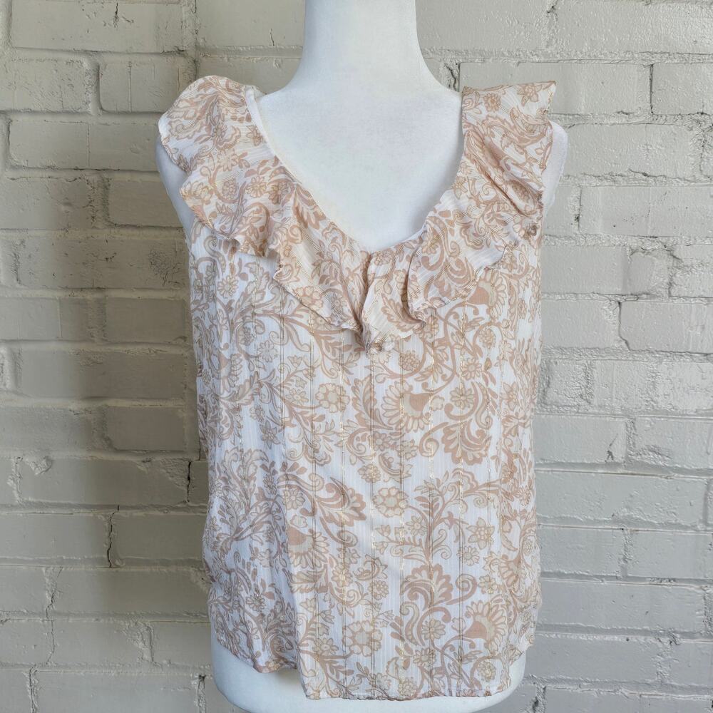 LOFT Paisley Boho Sleeveless Blouse┃ Ruffled Neckline & Metallic Gold Threading